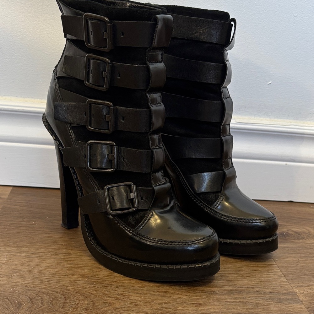 ALL SAINTS ‘Widow’ Black Leather Multi-Buckle Platform Heeled Boots 37 - Picture 3 of 12